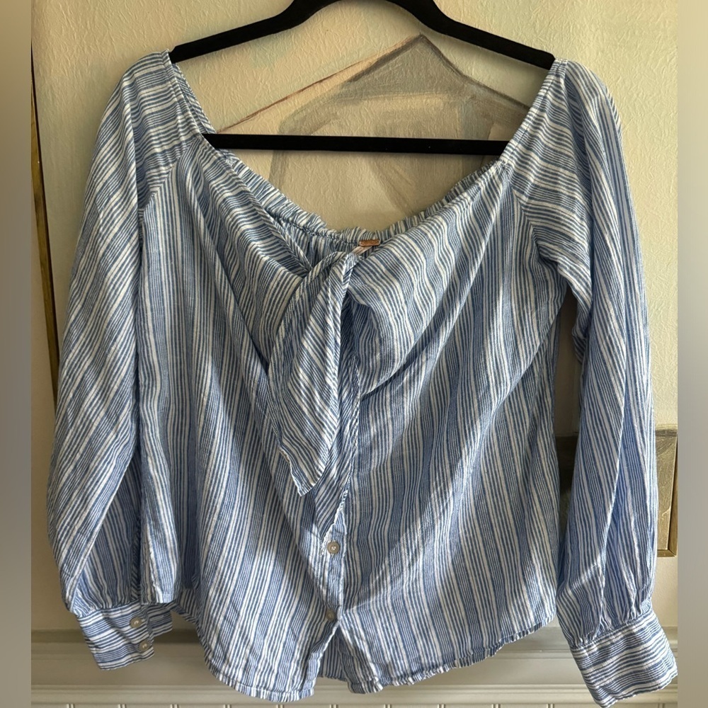 FREE PEOPLE Women’s Hello There Beautiful Blue White Tie Off Shoulder Shirt - Picture 6 of 10